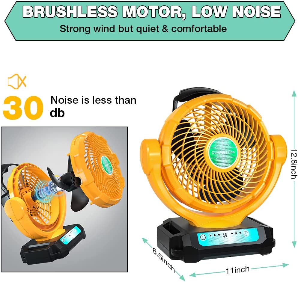 for Dewalt 20V Fan, Cordless Work Fan Powered by Dewalt 20V Max Battery/AC Cord, Quiet Brushless Fan, 3500CFM Outdoor Jobsite Fan with 3 Speeds, 4H Timer, Hanging Hook for Camping, Garage