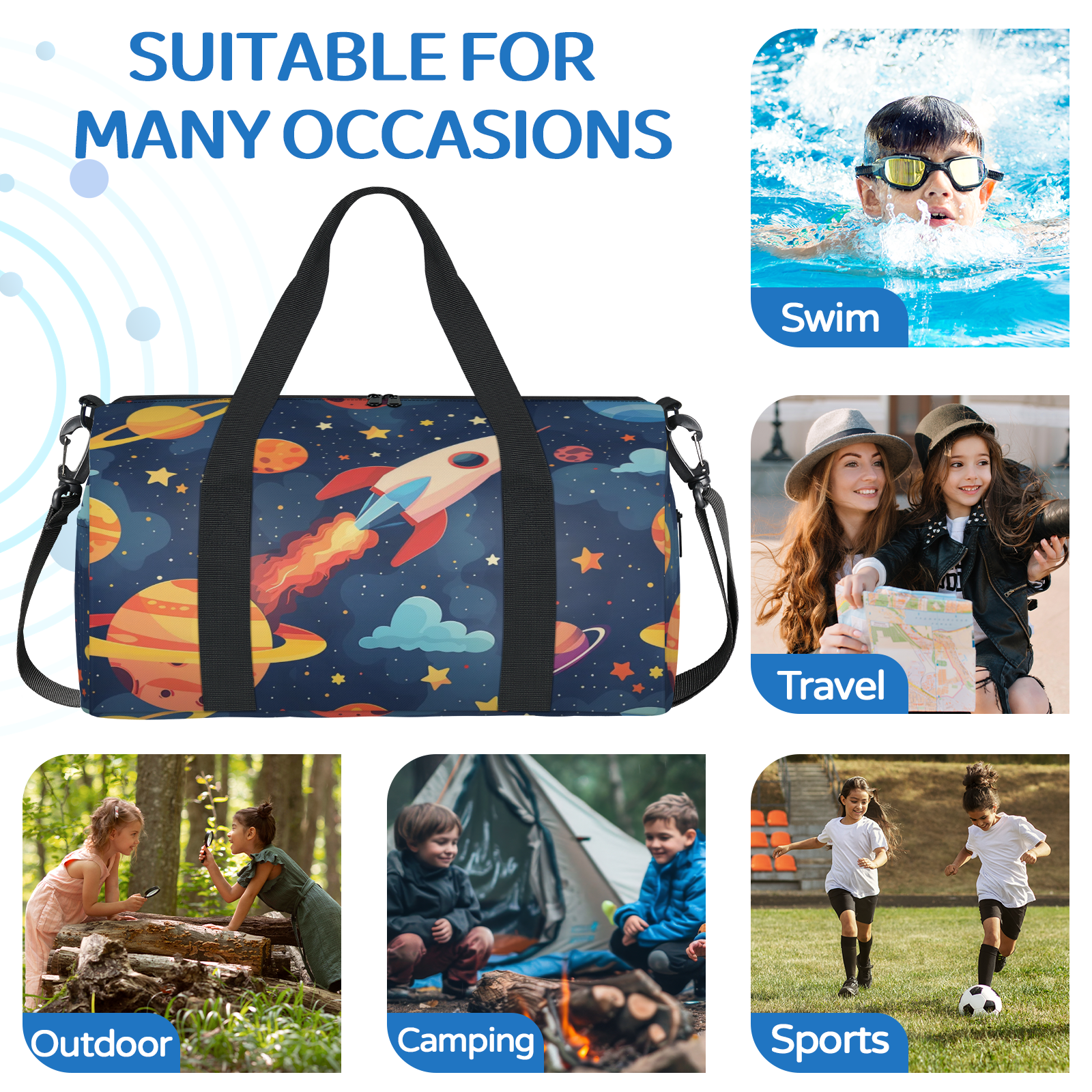 Herdesigns Space Cartoon Planet Travel Duffle Bag Sports Yoga Weekender Overnight Carry on Workout Bags Lightweight Waterproof Gym Tote Bag for Women