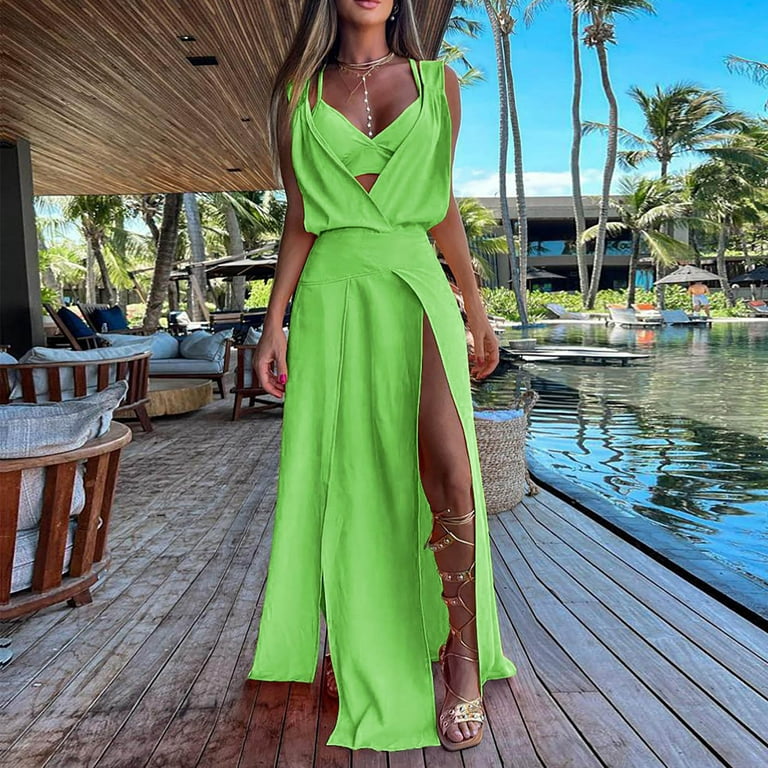 Womens Vacation Dresses Built in Bra Tops Two Piece Dress Sets for Women  Slit Flowy Boho Beach Wear Summer Outfits