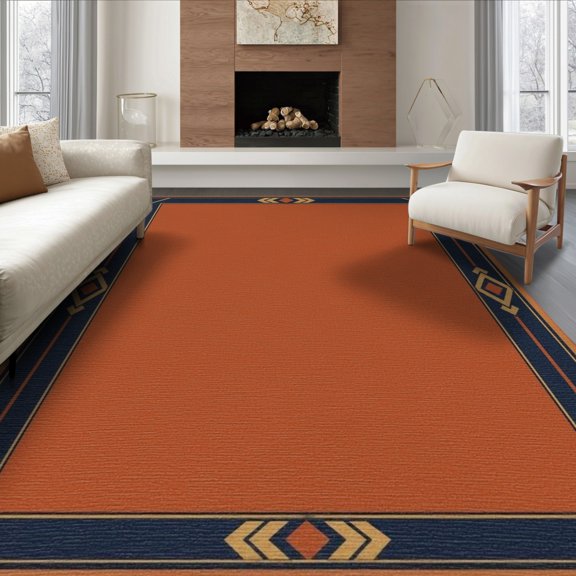 ODIKA 8'x10' Washable Area Rug Orange Rust Geometric Border Design Art Style with Bold for King Size Bedroom Under Bed, Master Suite, Non-Shedding, Easy Care