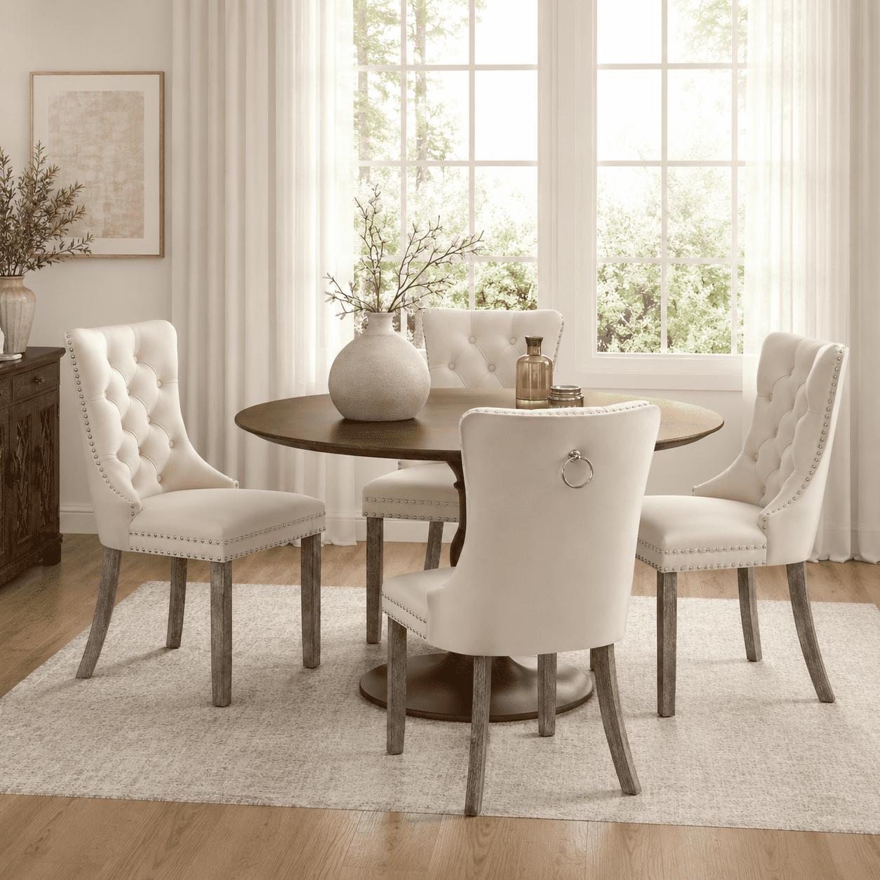LegaHome Dining Chairs Set of 2, Velvet Upholstered Dining Chair with Nailhead Trim&Solid Wood Legs, Button Padded Dining Chairs Set for Kitchen Dining Room Living Room, Beige