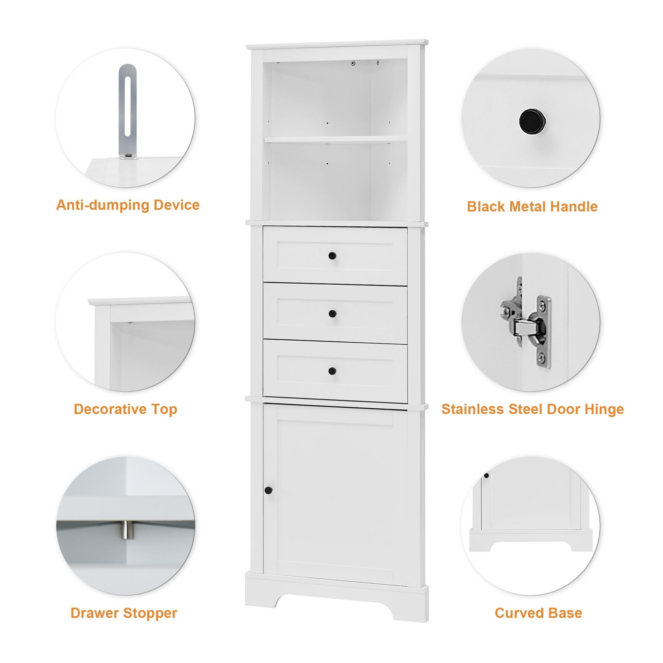 AENKYO Corner Bathroom Cabinet with Adjustable Shelves, Corner Cabinet with Open Spaces and Drawers, White