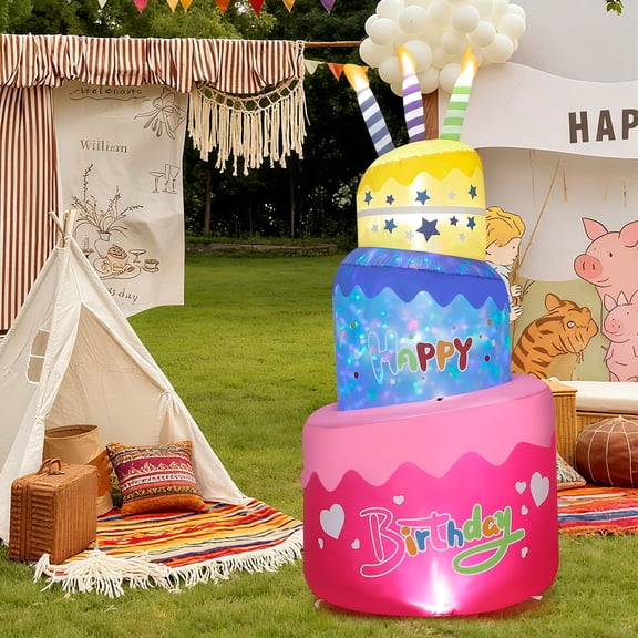 6FT Happy Birthday Inflatable Cake with LED Lights, Outdoor Indoor Blow Up Birthday Decor with Rotating Colors, Yard Lawn Party Decoration for Home Celebration