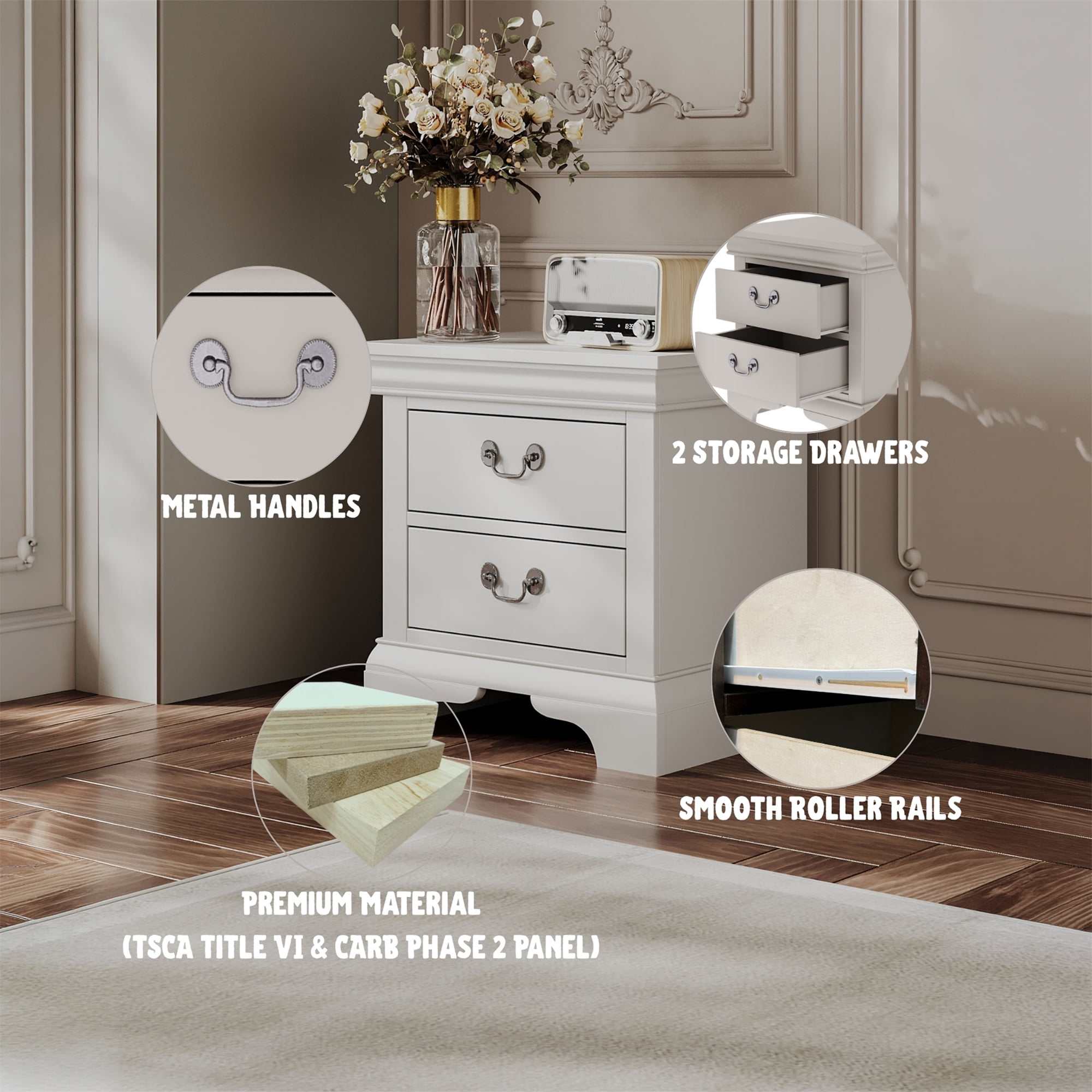 Traditional 2-Drawer White Nightstand with Storage