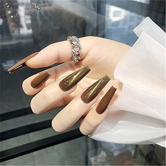 24pz Press On False Nails Fake Nail Salon Full Cover Design for Women Girls Beauty Extra Long Coffin Cat Eye Effect Brown