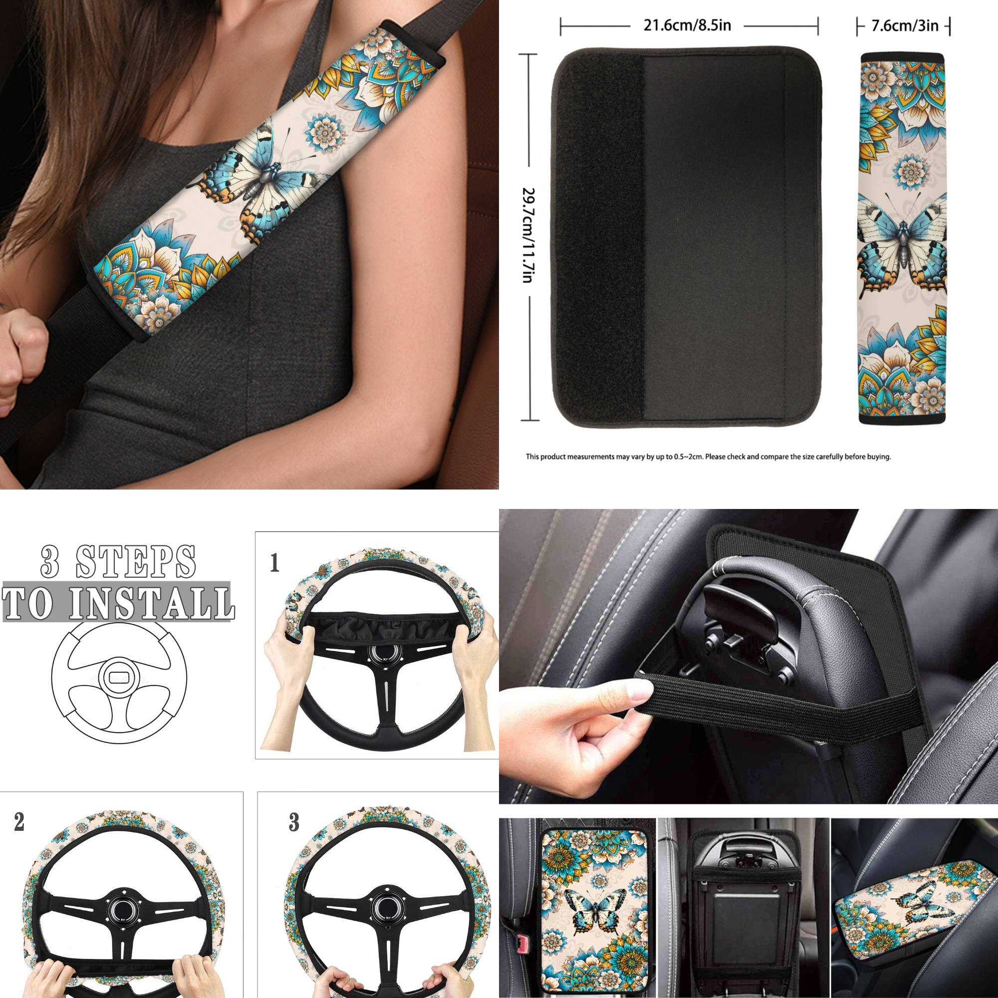 Jeiento Butterfly Car Seat Cover Full Set Car Floor Mats Steering Wheel Cover Seatbelt Pad Armrest Cover Cup Coaster Keychains Boho Flower Universal Auto Interior Accessories Set 17 Pack