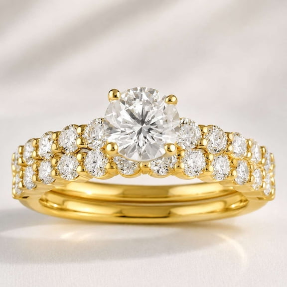 vylahjewellery Round Cut Moissanite Engagement Ring Set for Women, 10K Gold Double Row Wedding Band Promise Ring, Bridal Set Rings