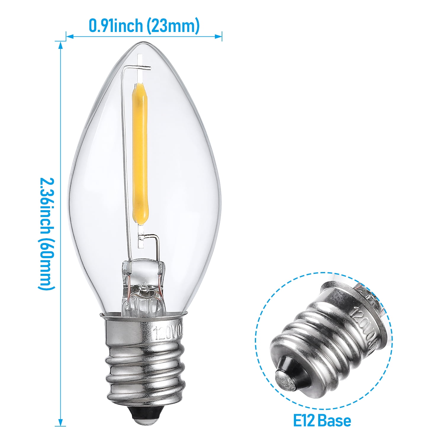 50 Pack C7 LED Christmas Light Bulb, 0.6W Clear Glass C7 Replacement Bulbs, 2700K Soft White, E12 Candelabra Base Night Light Bulbs, Non-Dimmable LED Filament Bulb