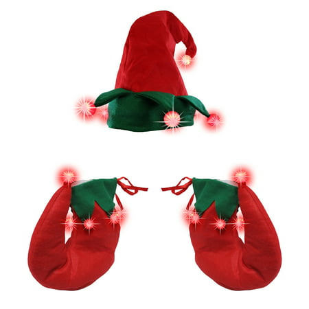 Light Up Elf Hat Shoes Set Red Green Santa's Helper Fun Christmas Accessories
