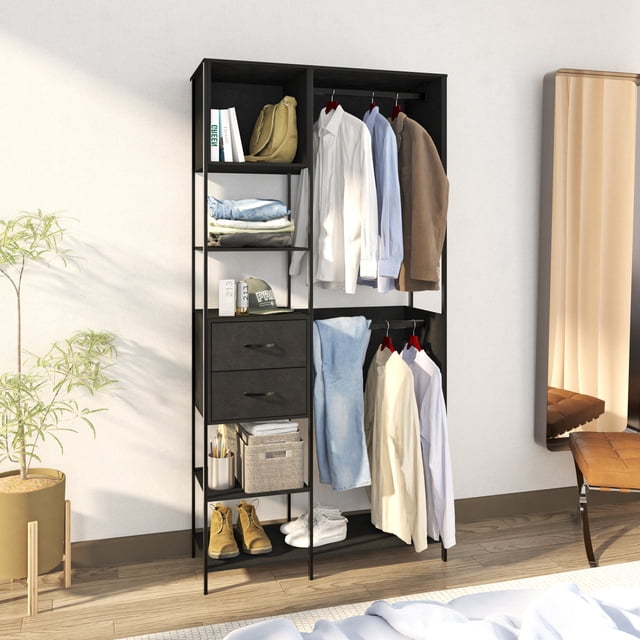Guardarropa − Milán. Clóset Ropero, Clóset Móvil, Organizador Para Ropa, Ropero Armable, Mueble Armable para Ropa, Perchero, 2 Cajones (Negro)