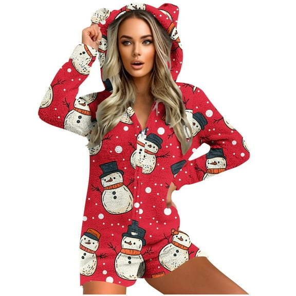 Cavosen Christmas Wide Leg Jumpsuits for Women Fleece Zip Up Long Sleeve Cute Hooded Loungewear with Ears Snowman Thicken Onesie Warm Unisex Trendy Sleepwear