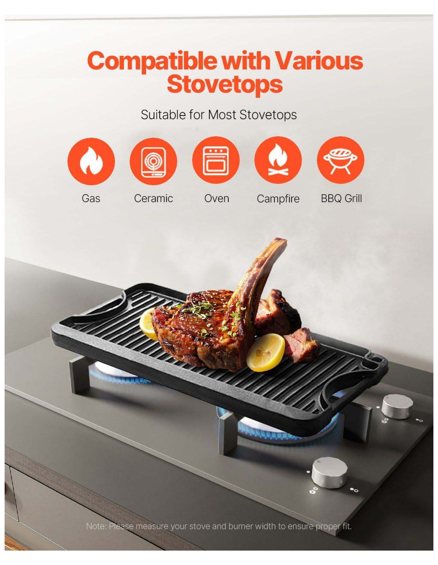 Cast Iron Grill Griddle, 20x10in Reversible BBQ Pan - Pre-Seasoned Flat Top Griddle for Stovetop, Gas, Electric - Grill & Griddle Combo