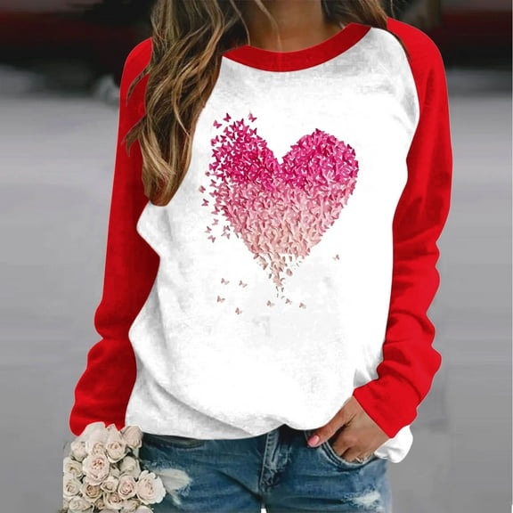 Craaazy Women's Valentines Shirts Casual Heart Printed Crew Neck Long Sleeve Tops Gifts