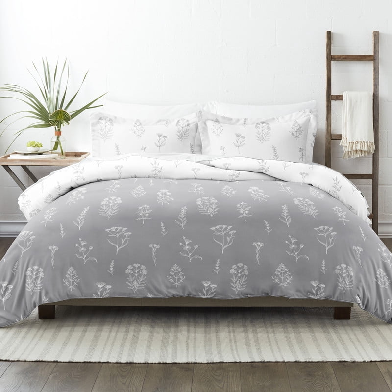 Noble Linens Light Gray Botany Floral Reversible 2-Piece Duvet Cover Set, Twin/Twin XL