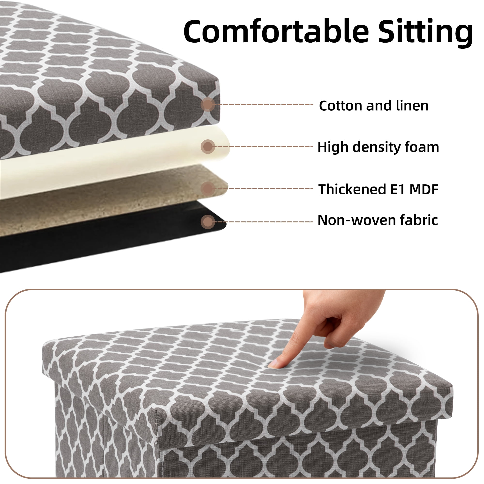 YEEZEE Storage Ottoman,Foldable Footstool with Thick Cushion for Living Room,14.9L*14.9W*13.8H,Grey