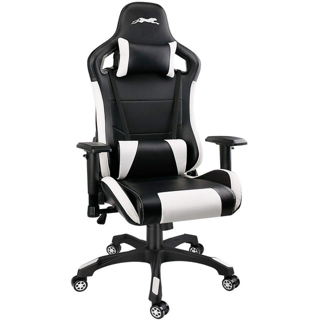 Leopard Chaise de Jeu, Chaise de Bureau en Cuir PU à Dossier Haut, Chaises de Jeu Vidéo Réglables, Chaise de Course Pivotante avec Accoudoirs Réglables (Noir/blanc)