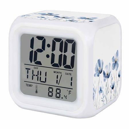 Alarm Clocks Watercolor Flower Digital Clock 7 Color LED Night Light Silent Non Ticking Battery