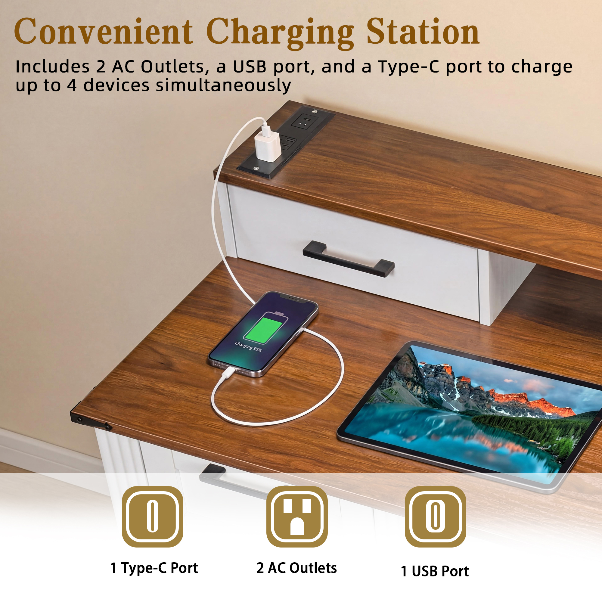 Mintazer 59" Farmhouse Office Desk with Charging Station & Storage Drawers, Computer Writing Desk with Monitor Stand & Keyboard Tray and File Cabinet for Study Living Room Home Office, White