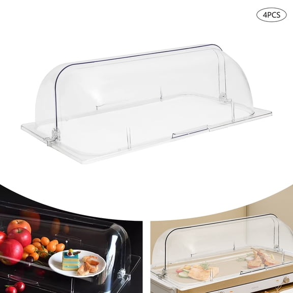 Clear Roll Top Covers, 4-Pack Food Grade PC Construction, 21.06x13x7.08in Size, 90° Flip Design, For Buffets and Bakeries