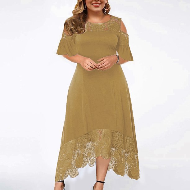 ICHUANYI Clearance Plus Size Women Sexy Ruffle Strapless Splicing Lace Splicing Short Sleeve Dress(Khaki, XL) ICHUANYI WER2023080802797