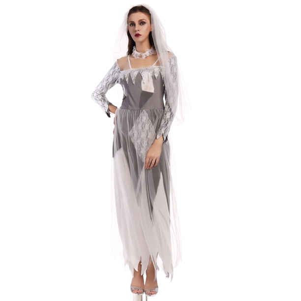 Sunloudy Disfraz de Cosplay de Halloween para Mujer, Vestido de Novia de Malla de Manga Larga de Longitud Completa con Accesorio de Gargantilla para Niñas, 2 Colores Sunloudy moda