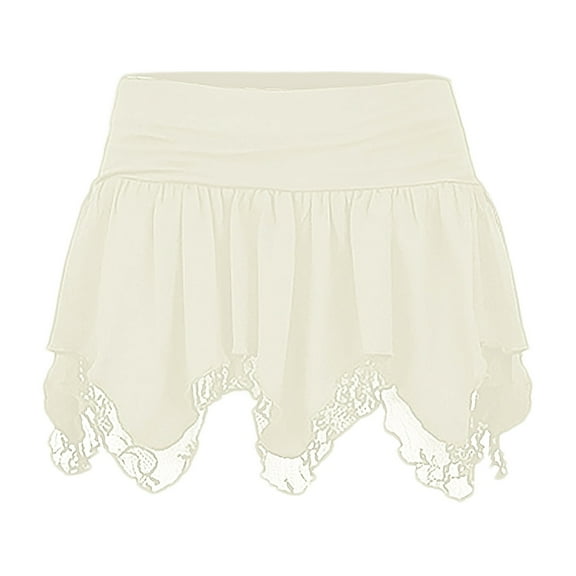 Hwmodou Womens Lace Short Skirt Sexy Solid Low Waist Patchwork Flowy Ruffle Pleated Mini Skirts Streetwear Fantasy Clothes