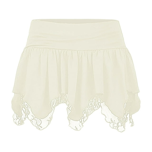 Clothing Womens Lace Short Skirt Solid Low Waist Patchwork Flowy Ruffle Pleated Mini Skirts