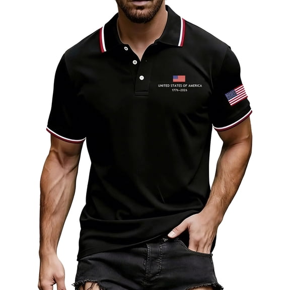 Homeyce Polo Shirts for Men Us 250th Anniversary Freedom Usa Flag Golf Shirts Buttoned 4th Of July Vintage Polo Tshirt Short Sleeve Independence Day Men's Independence Day Golf Shirts,Black S