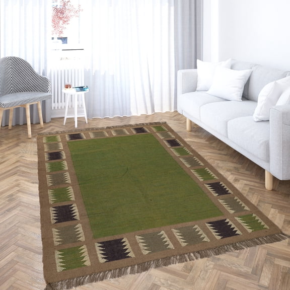 Kilim Wool Jute Rug – Handwoven Southwestern Area Rug with Tribal Geometric Pattern & Fringe 6 X 9  FEET