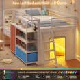 thumbnail image 3 of Low Loft Bed with Desk and LED Lights, Twin Size Loft Bed Frame with 6 Storage Drawers, Bookshelf and Under-Bed Play Space, Twin Bed Frame with Safety Guardrail&Ladder for Bedroom, White&Blue, 3 of 9