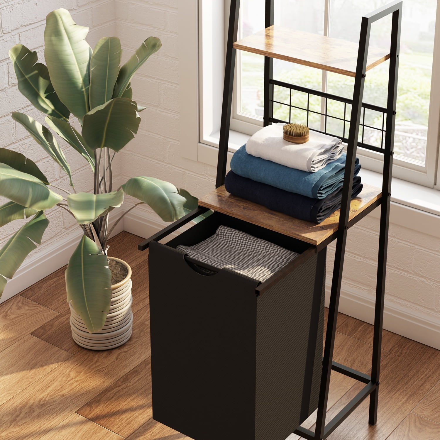 LENLN Black Metal Frame Bathroom Storage Rack with Laundry Hamper & Open Shelves - Space - Saving Multi - Layer Shelf for Bathroom Organization