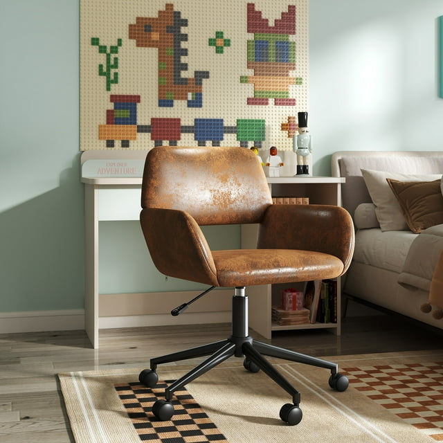 Adjustable height brown faux suede kids study chair with armrests and swivel wheels placed on a rug in a colorful playroom.