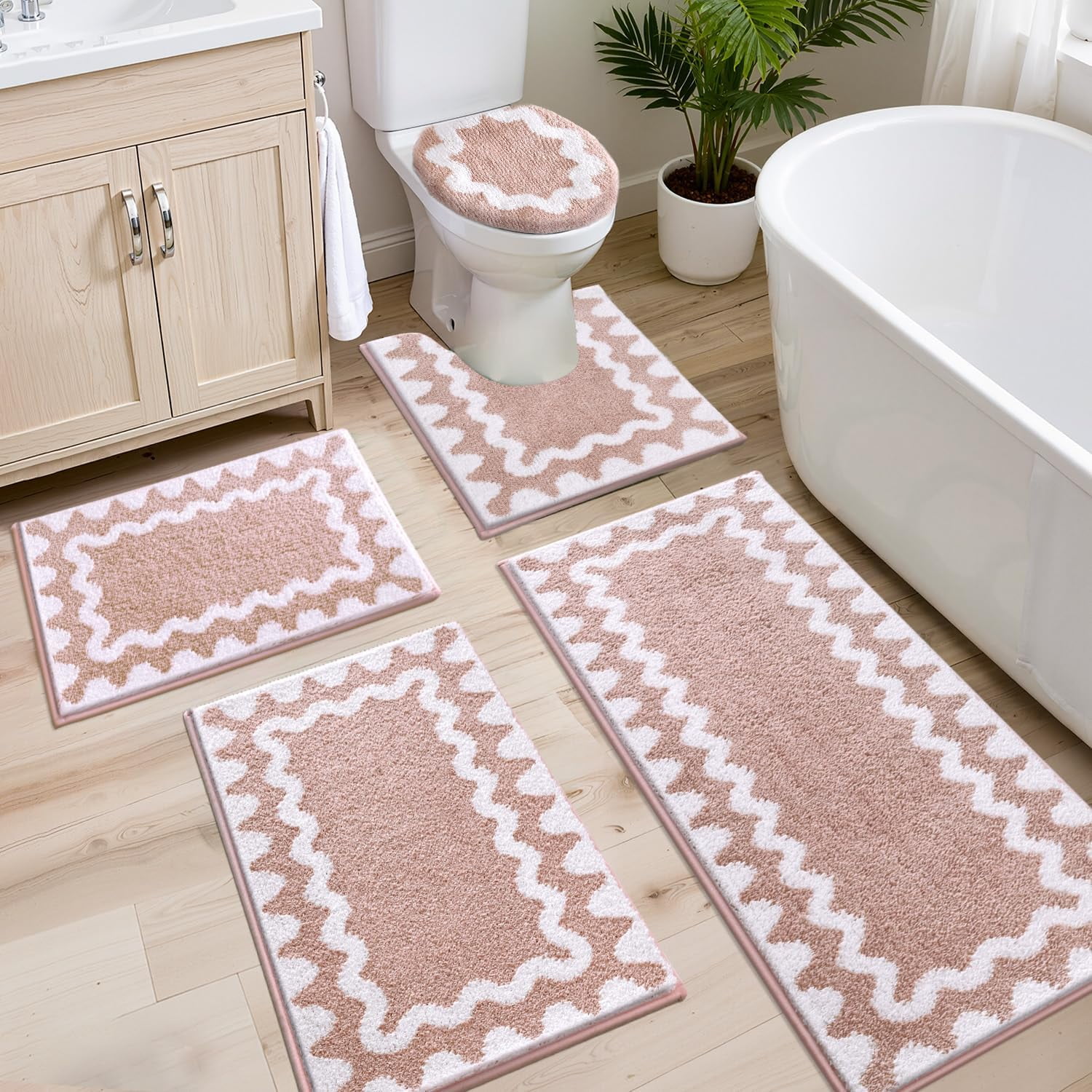 Bathroom Rugs Sets 5 Piece, Absorbent Soft Non-Slip Washable Microfiber Shaggy Bath Mat Set with Bathroom Runner Rug, U-Shaped Toilet Rugs, Shower Rug & Toilet Lid Cover, Navy-White