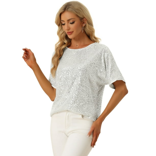 Blusa de Manga Corta con Lentejuelas Allegra K Cuello Redondo Fiesta Clubwear Top Plata L