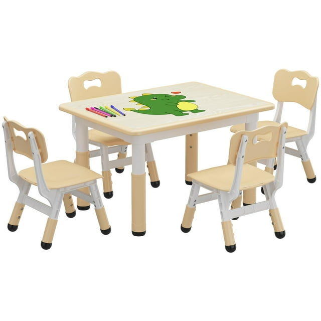 Kids Table and 4 Chairs Set, Height Adjustable Toddler Table and Chairs Set for Ages 2-10, Graffiti Desktop, Non-Slip Legs, Children Table for Daycare Home