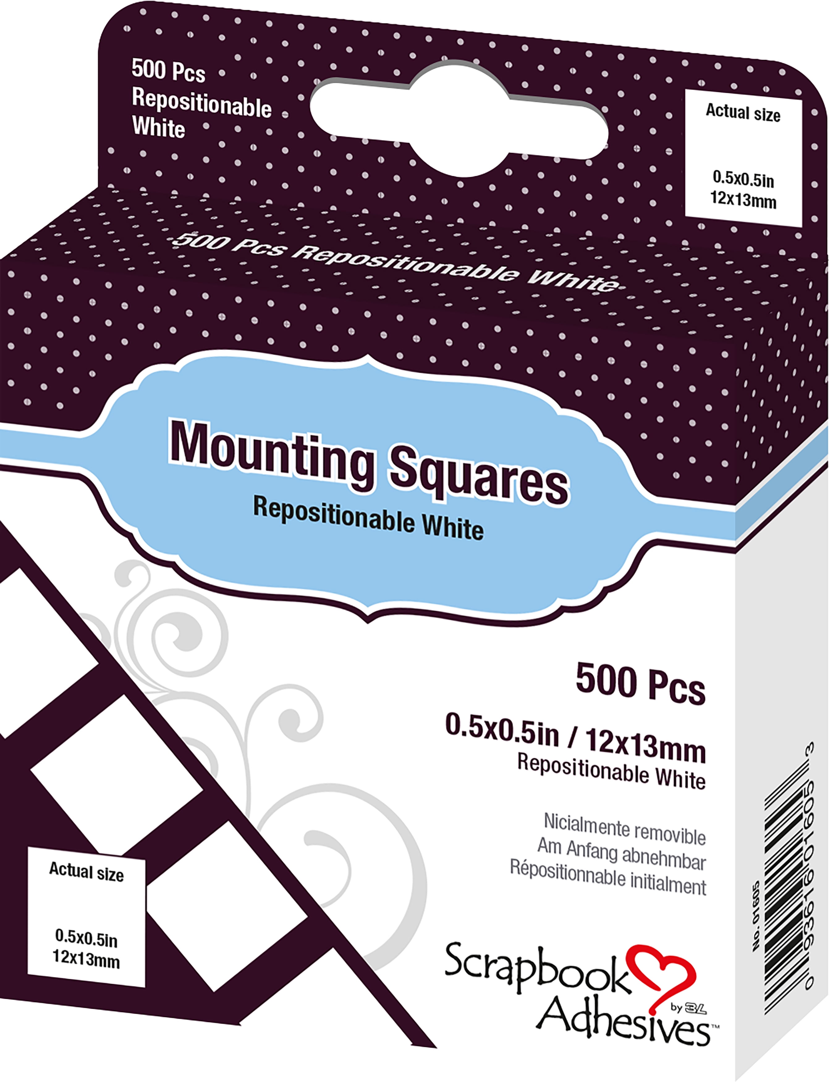 Scrapbook Adhesives Mounting Squares 500/Pkg Repositionable, White, .5
