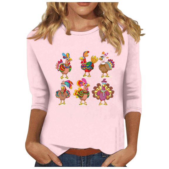 asdoklhq Thanksgiving Shirt Women's Thanksgiving Printed Round Neck 3/4 Sleeve T-shirt Loose Top Long Sleeve Round Neck Top/Shirt Pink XL