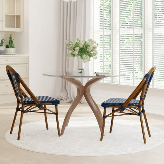 Emma   Oliver Set of Two Stacking Bistro Chairs with Navy and White PE Seat and Back and Bamboo Finished Aluminum Frame for Indoor/Outdoor Use