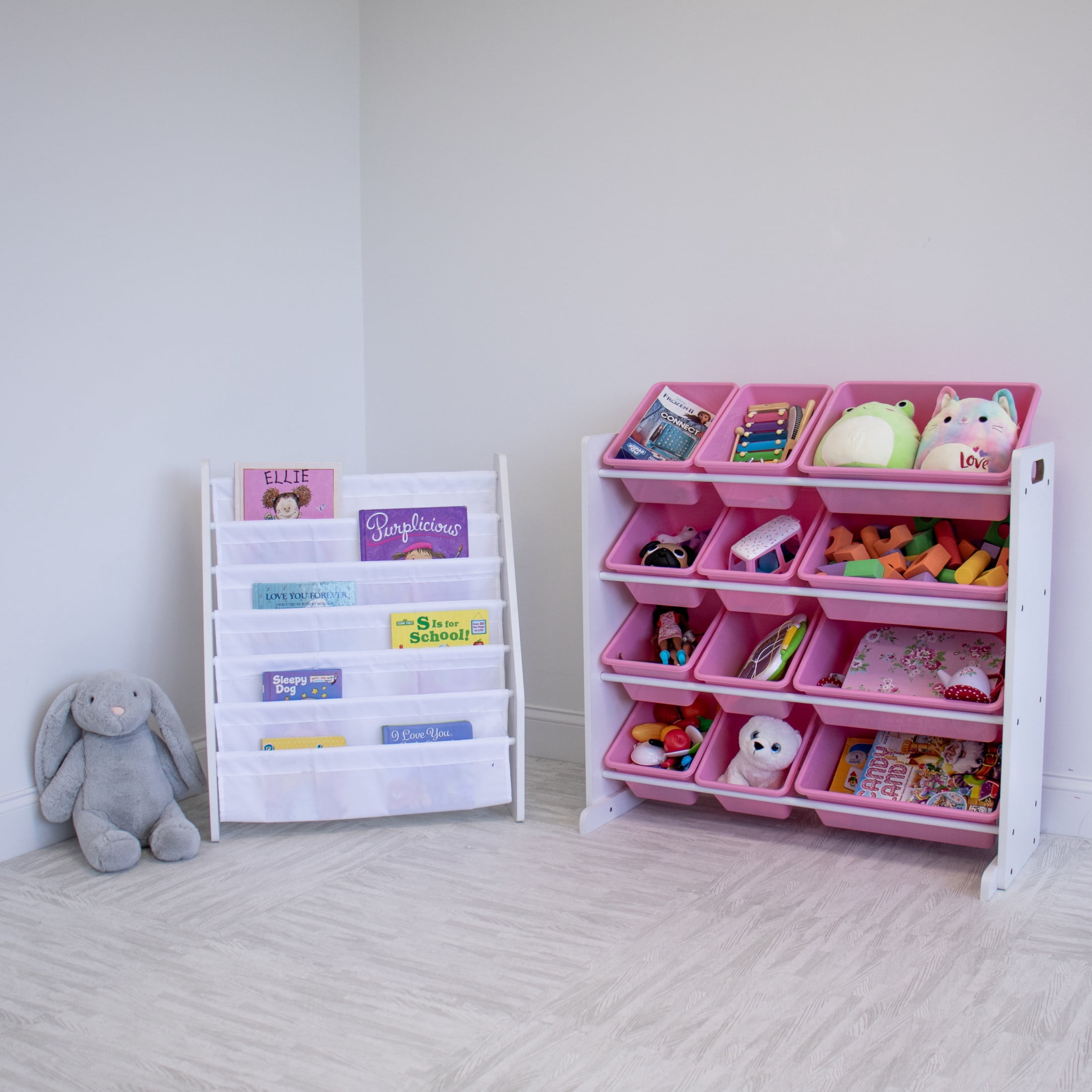 Humble Crew Bath Toy Organizers White/Pink Carly Toy Storage Organizer with 12 Plastic Storage Bins
