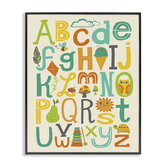 Stupell Industries Modern Teal Orange and Green Alphabet Animals And Fun Food Black Framed Giclee Art, 16 x 20, by Allison Cole