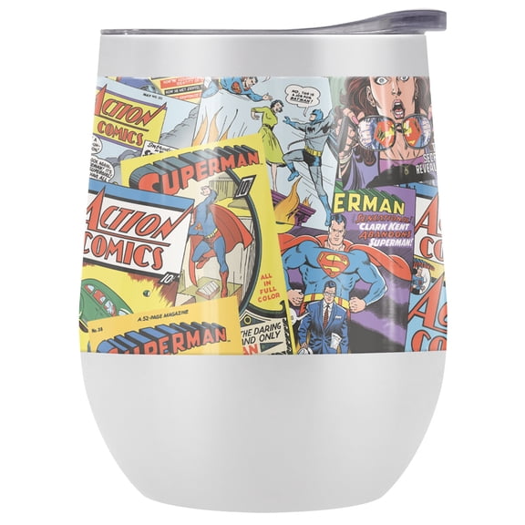 Superman Official Comic Covers 12 OZ Stemless Wine Tumbler, Stainless Steel Travel Cup|Lake Tumbler|Insulated with Leak Resistant Slide-Lock Lid, White