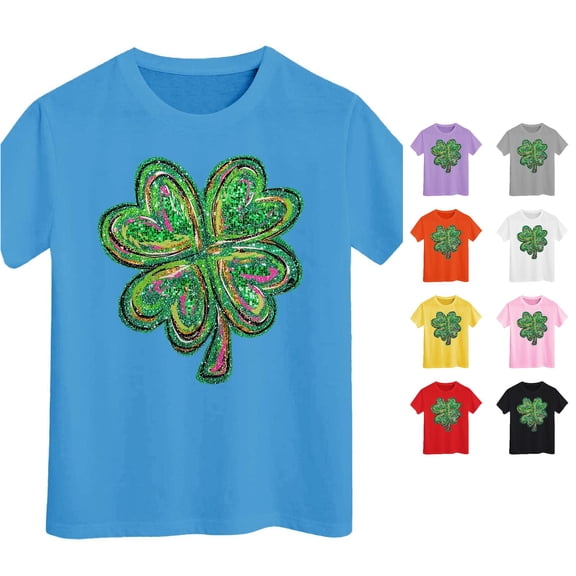 Little Girls Short Sleeve Shirts Shamrocks Print Crewneck Basic Shirts Size 6-7T ,Blue
