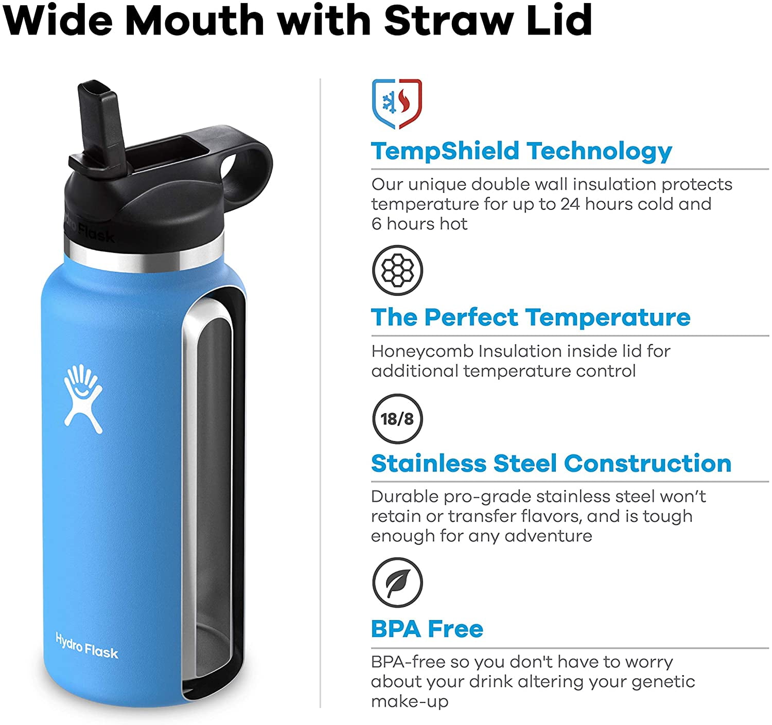Hydro Flask 32oz Water bottle Stainless Steel & Vacuum Insulated with Straw Lid- Fog - 2.0 New Design