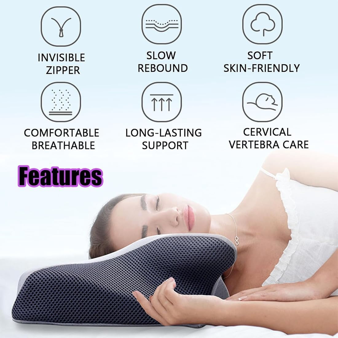 Glovoro Pillow, Pillow for Sleep Apnea, Cervical Neck Traction Pillow, Ergonomic Side Sleeper Pillows for Pain Relief, for Side, Back, Stomach Sleepers(Blue)