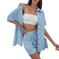 thumbnail image 6 of vigerkar Women Summer Cotton Linen Short Sets 2 Piece Shorts Top Lounge Beach Vacation Two Piece Outfits Blue, M, 6 of 6