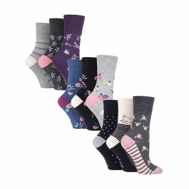 Gentle Grip - 9 Pairs Ladies Cotton Soft Top Patterned Non Elastic Crew Socks