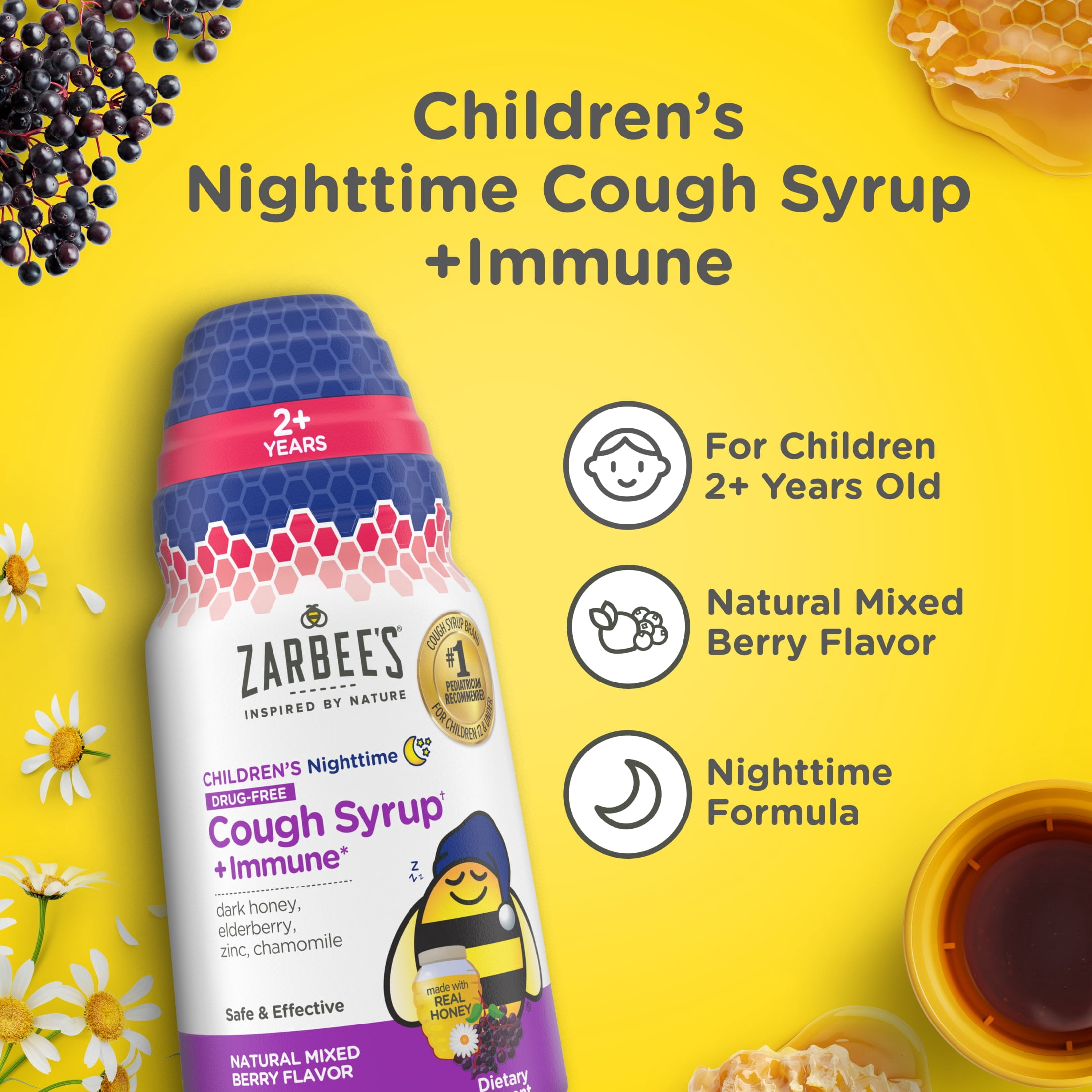 (4 pack) Zarbee's Children's Night Honey Cough Syrup + Immune, Berry, 4 fl. oz