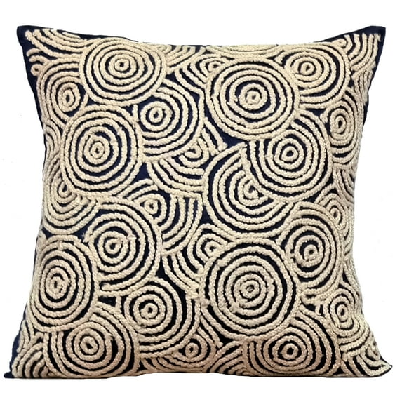 Cushion Cover Sofa, Navy Blue Designer Throw Pillow Covers Couch 16x16 inch (40x40 cm), Suede Pillow Covers, Circles & Dots, Circle, Illusion, Jute Embroidery - Navy Blue Swirls