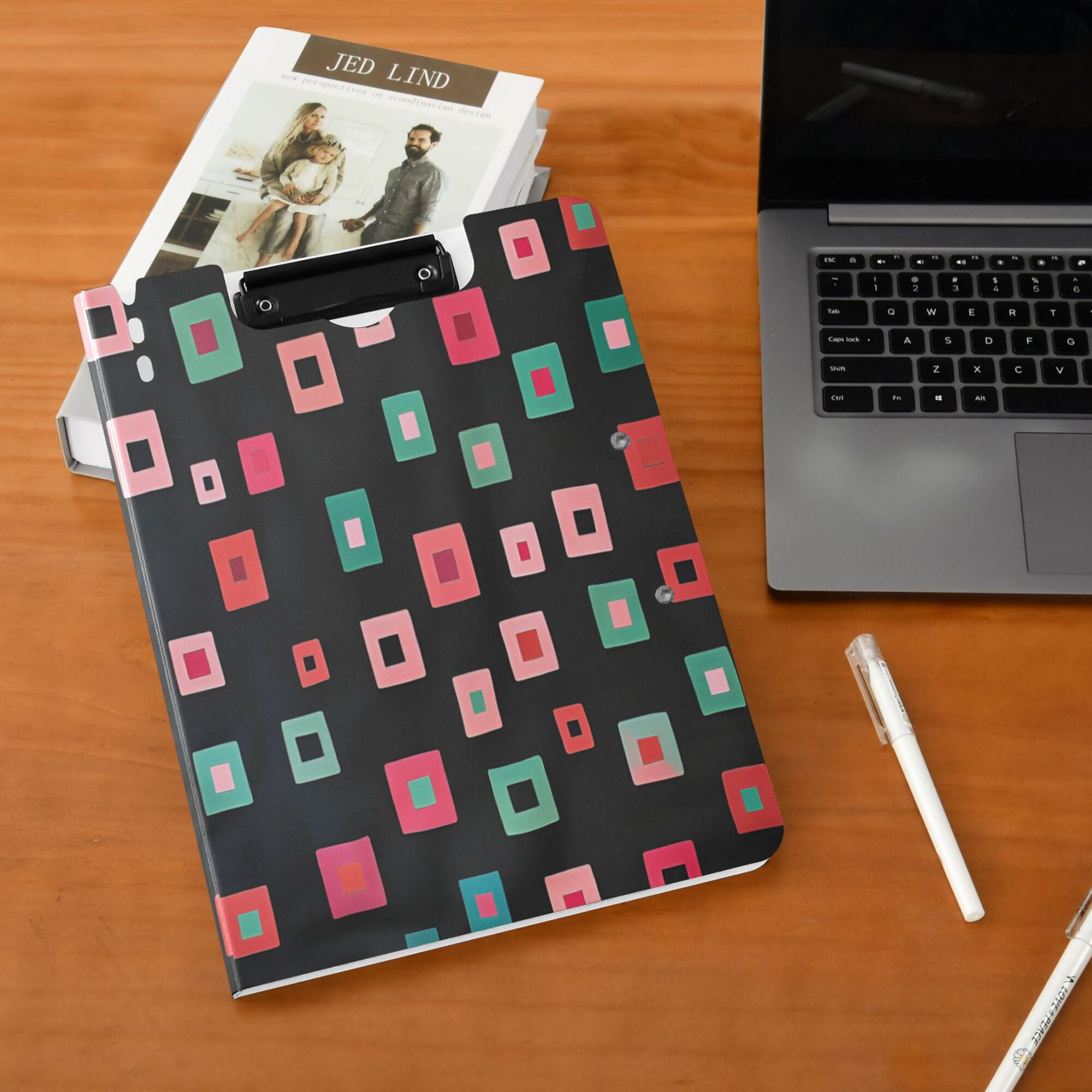 FORMRS A4 Clipboard Folder with Pen Holder Horizontal Foldable School Office Binder, Red Block Pattern