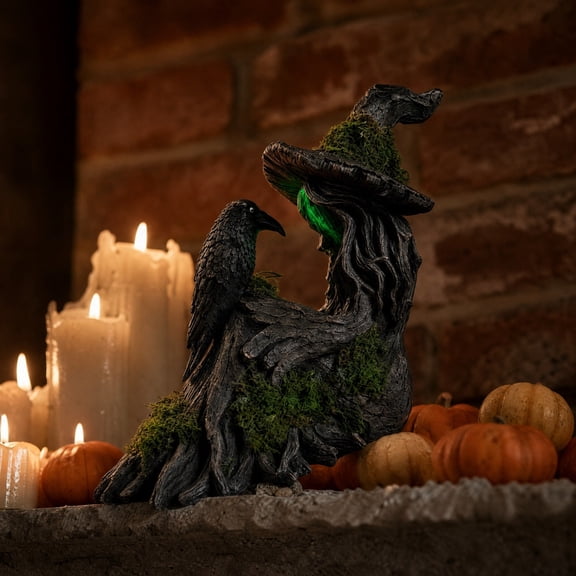 Wooowa Halloween Mossy Tree Witch with Crow Light Up Figurine for Indoor Outdoor Seasonal Display
